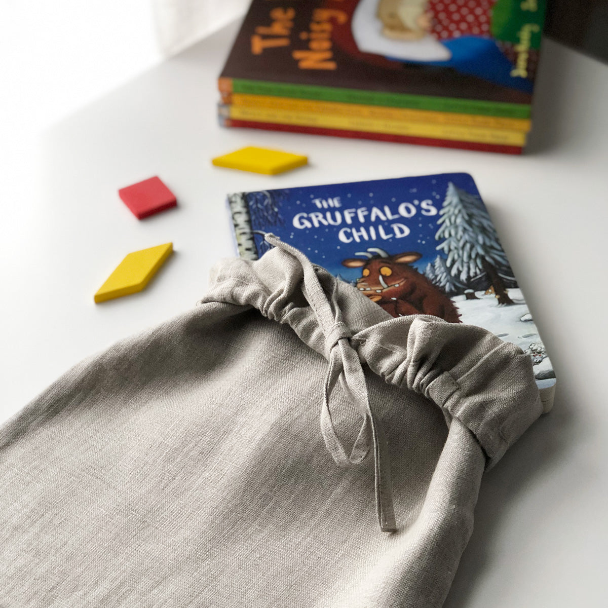 lifestyle | Natural Linen Drawstring Bag | Personalised Book Bag | Linen & Fonts 