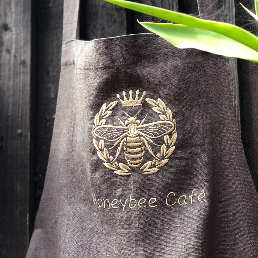 product | Peppercorn Brown Linen Apron | Embroidered Linen Apron| Linen & Fonts 