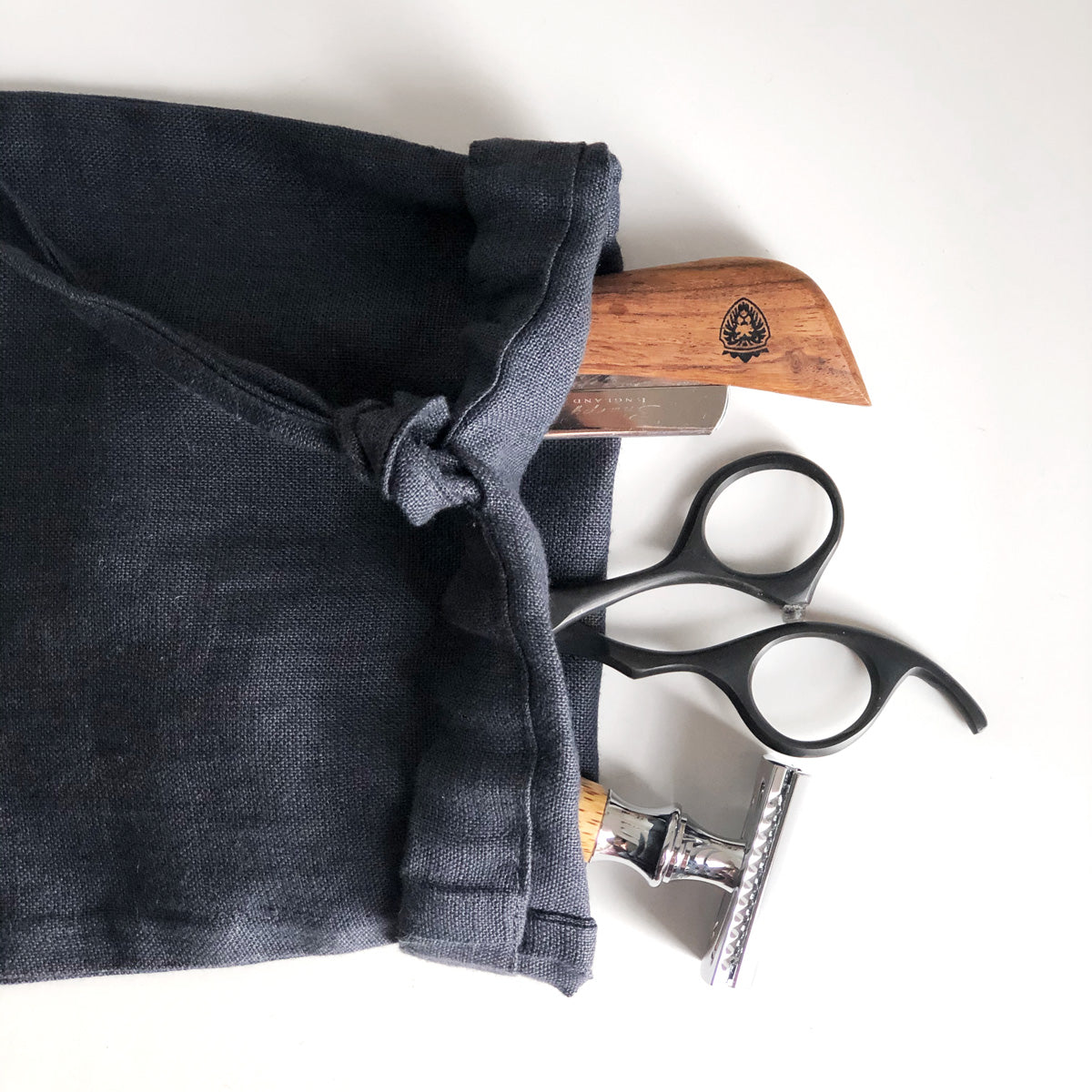 lifestyle | Navy Blue Mini Linen Drawstring Bag | Linen & Fonts 