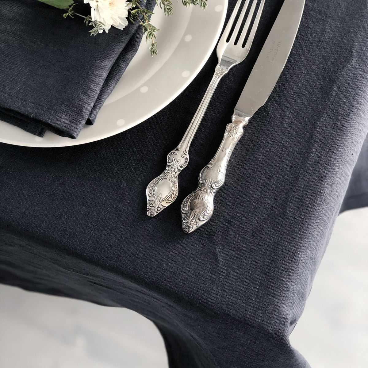 lifestyle | Navy Blue Linen Tablecloth Mitered Hem | Linen & Fonts 