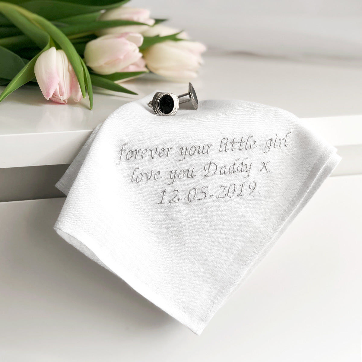 product | White Linen Personalised Wedding Hanky | Linen & Fonts 