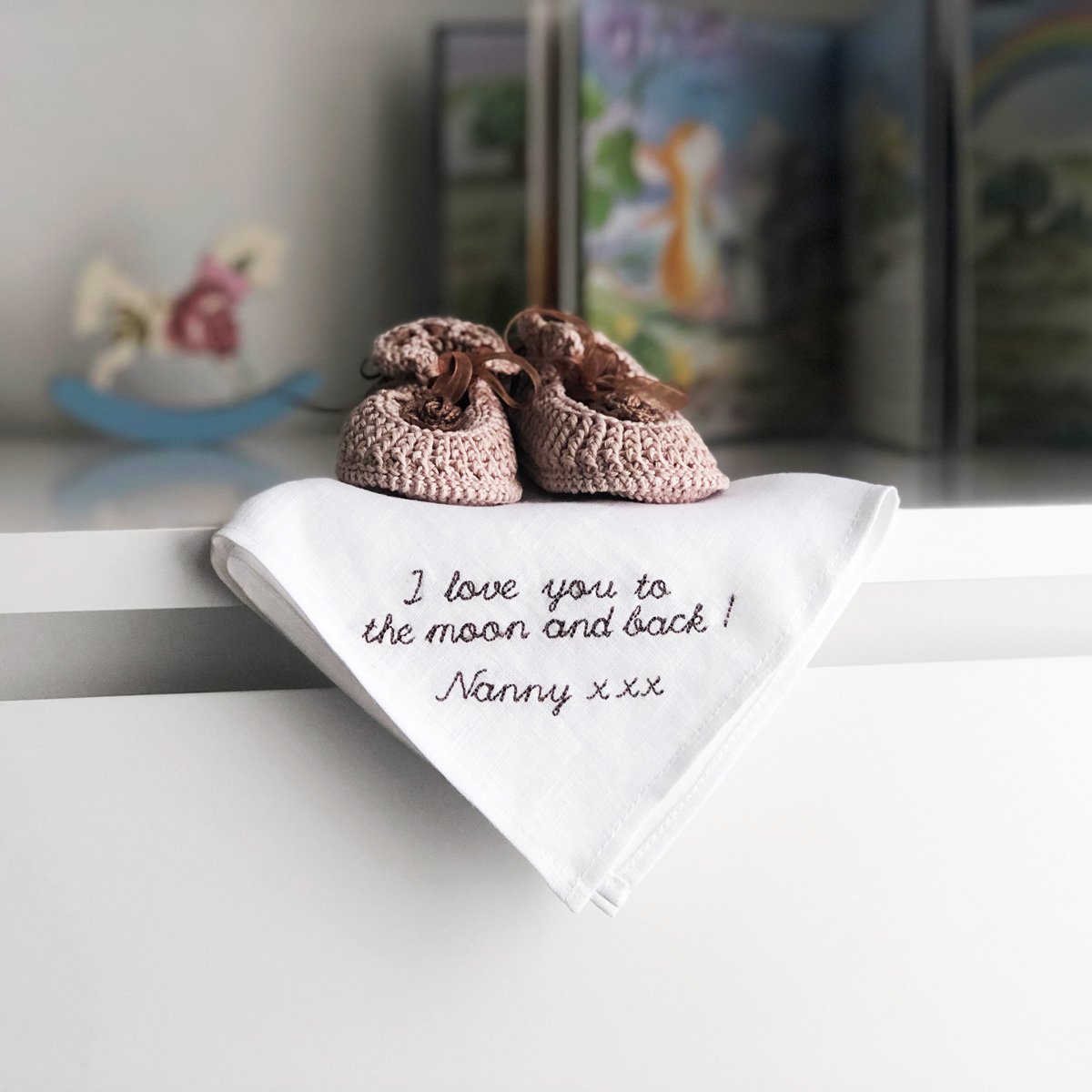 lifestyle| Pure White Linen Hanky embroidered with a message that reads  I love you to the moon and back, Nanny, kisses - by Linen & Fonts